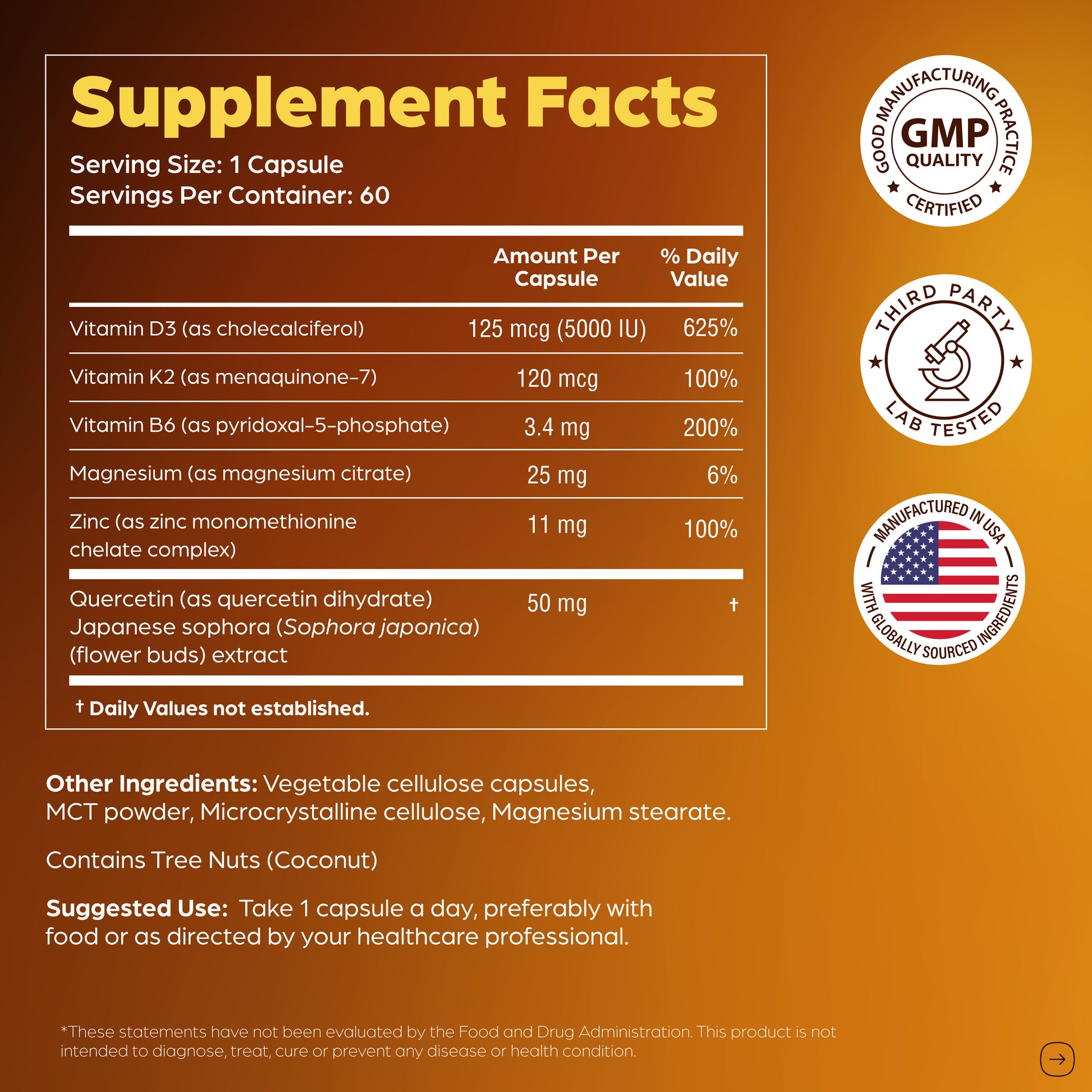Supplement facts label with various vitamins and minerals on a brown background