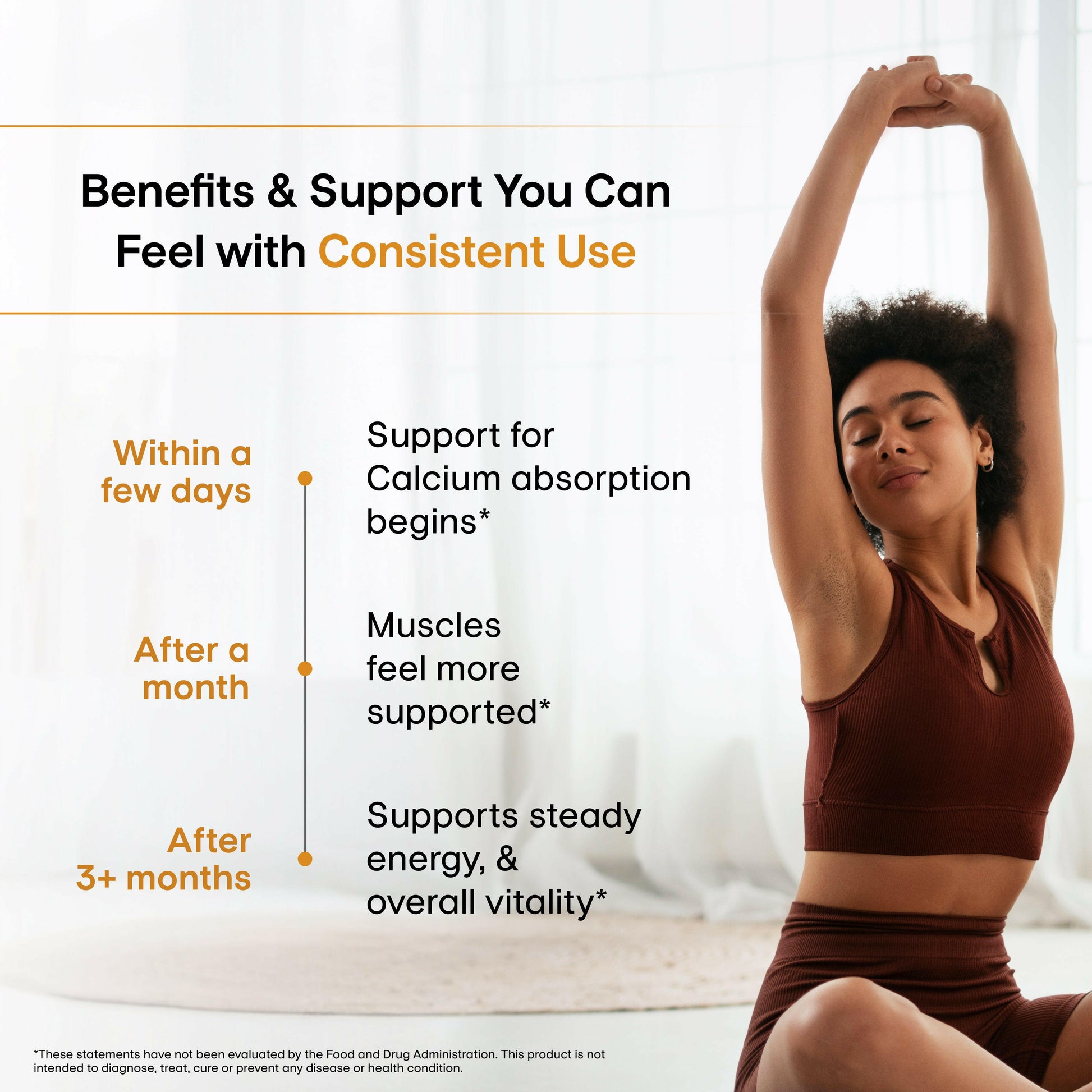Smiling woman stretching indoors with supplement benefits timeline for calcium absorption, muscle support, and energy wellness.