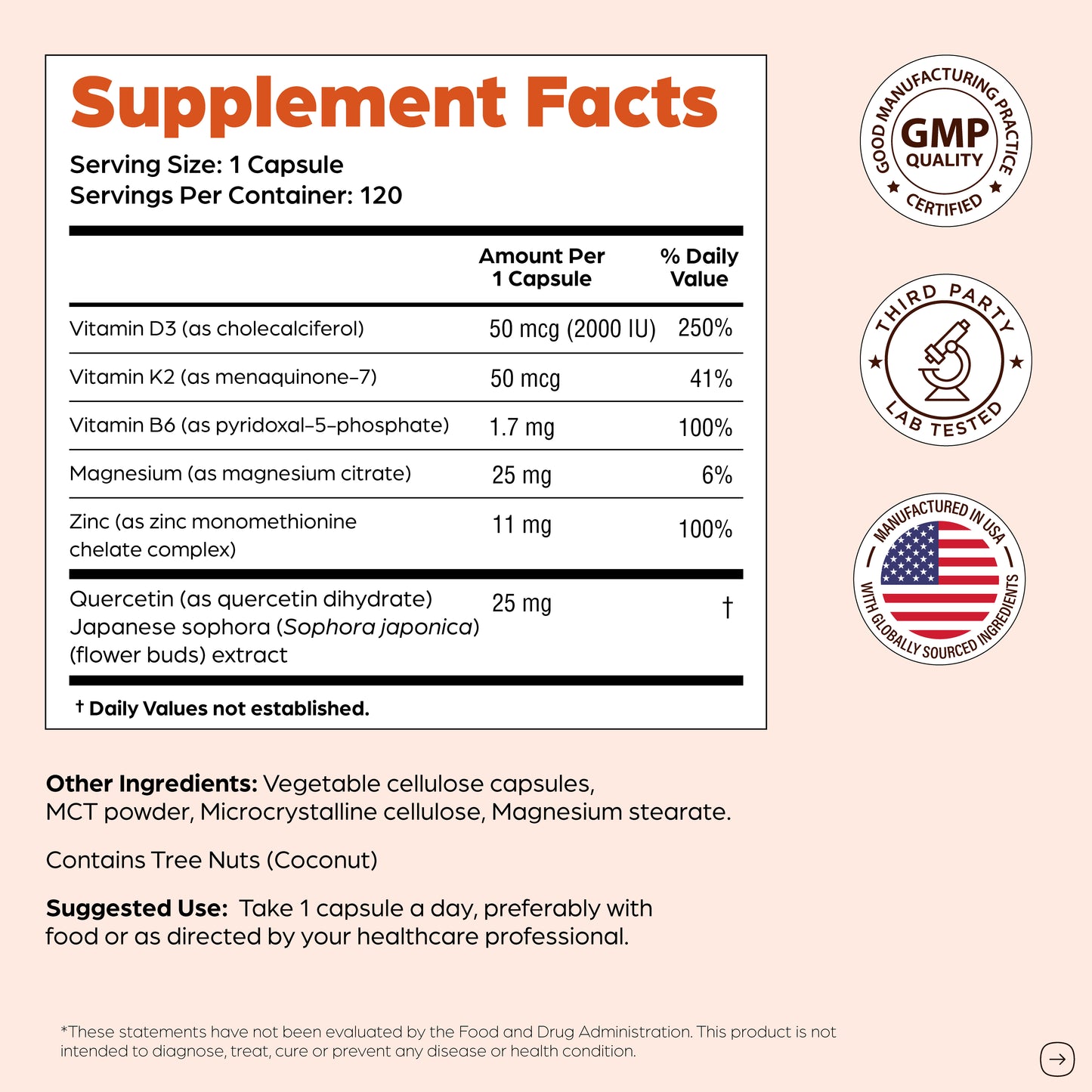 Supplement facts label with various vitamins and minerals on a beige background