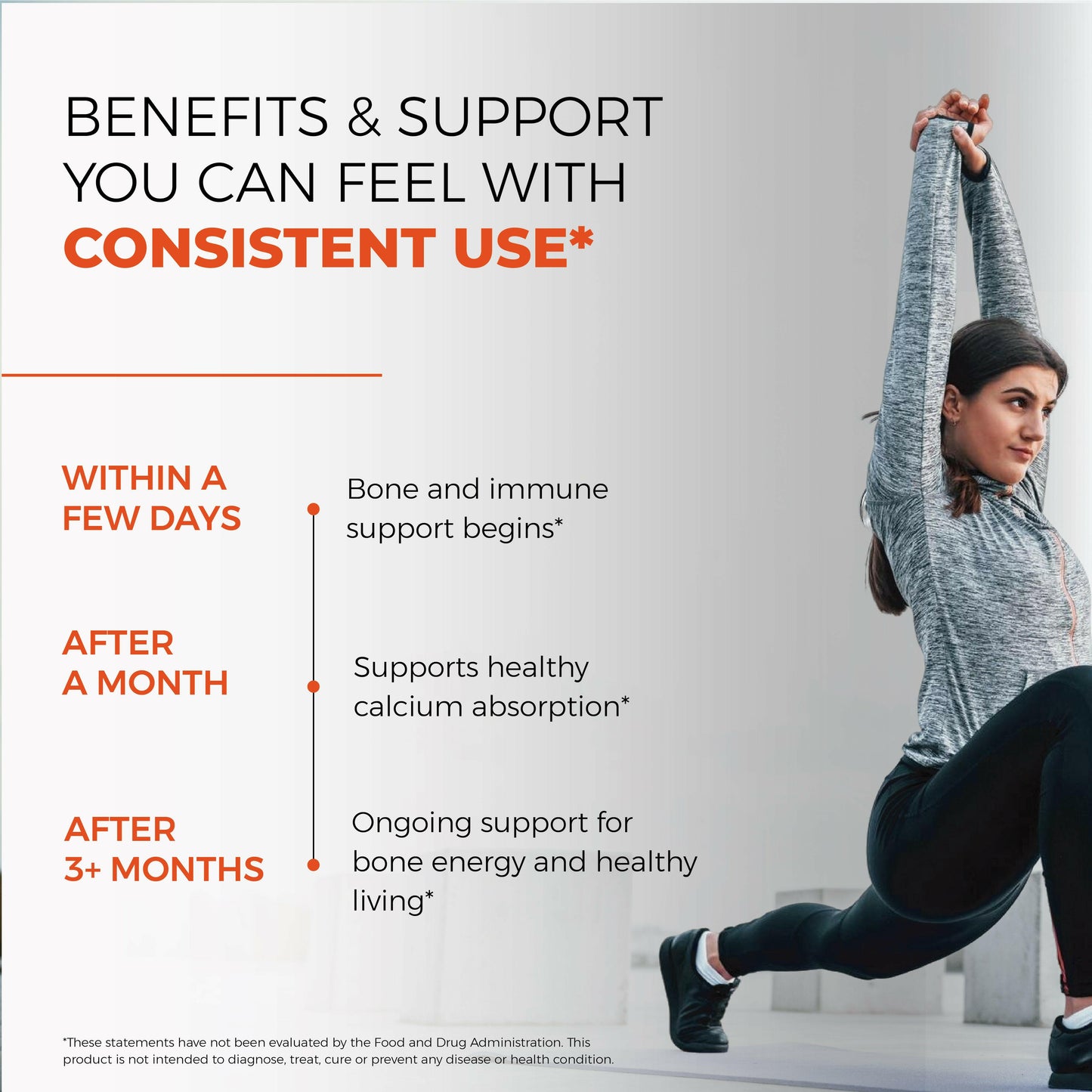 Woman stretching with chart showing benefits of Sandhu’s Vitamin D3 + K2 drops over time, including bone and immune support, calcium absorption, and ongoing wellness.