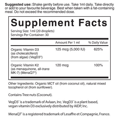 Organic Vitamin D3 + K2 Vegetarian Liquid Drops