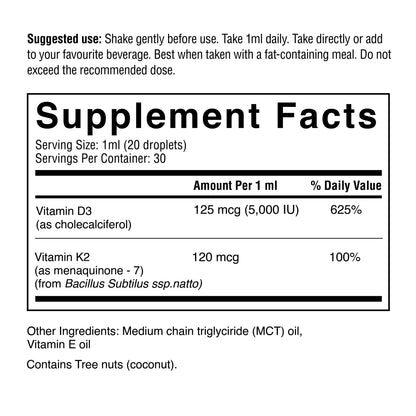 Supplement facts label with vitamin D3 and K2 content on a white background