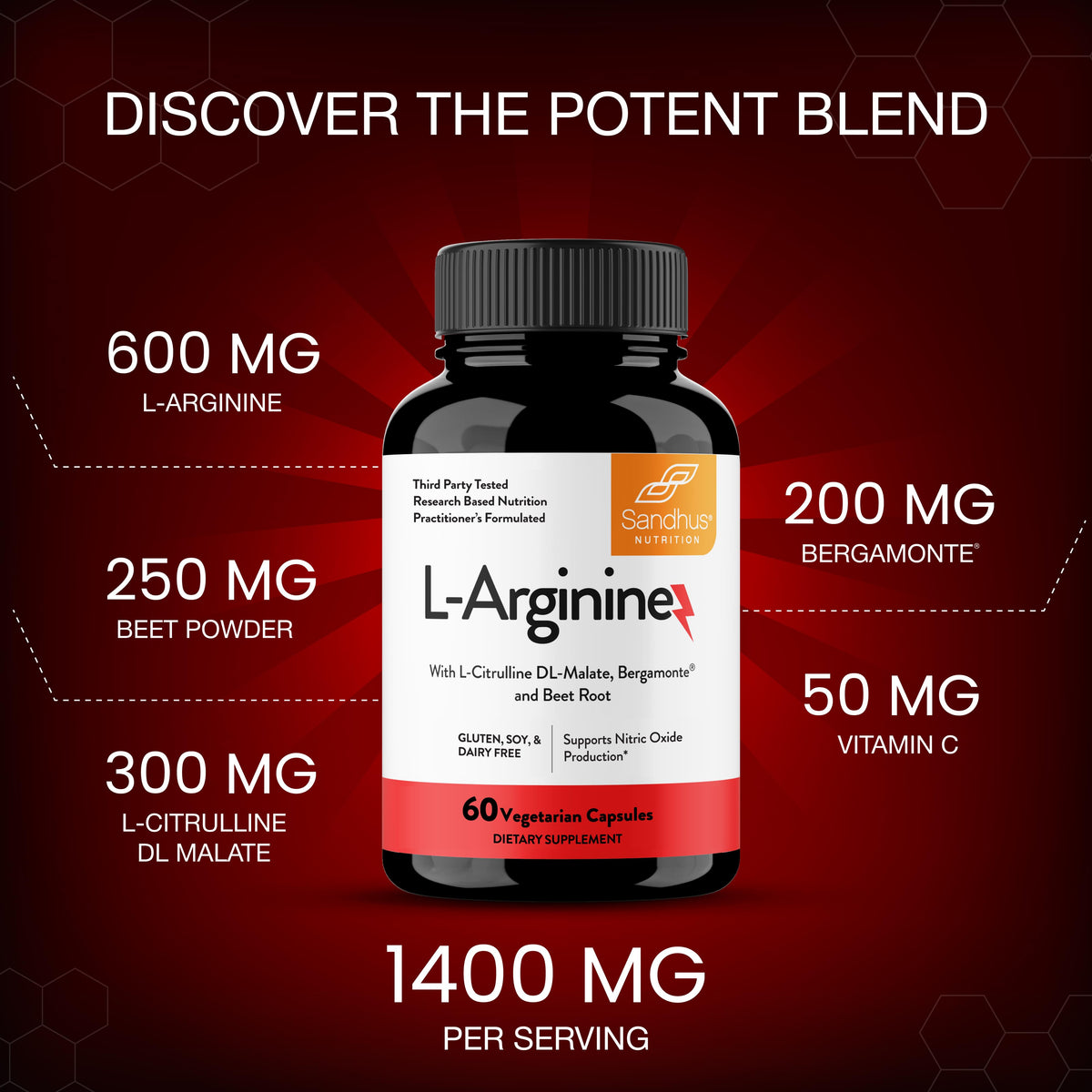 L-Arginine with L-Citrulline DL-Malate, Bergamonte® & Beetroot Powder - Capsules 60 Ct