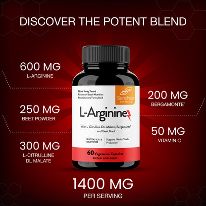 L-Arginine with L-Citrulline DL-Malate, Bergamonte® & Beetroot Powder - Capsules 60 Ct