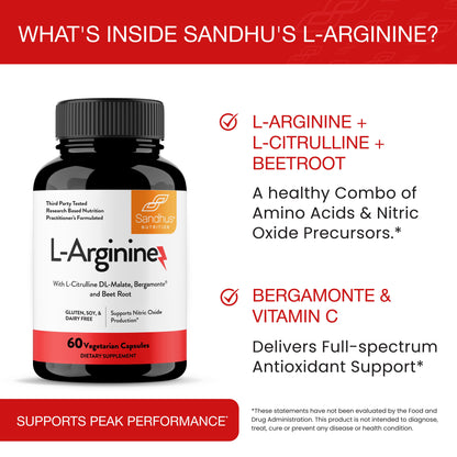 L-Arginine with L-Citrulline DL-Malate, Bergamonte® & Beetroot Powder - Capsules 60 Ct