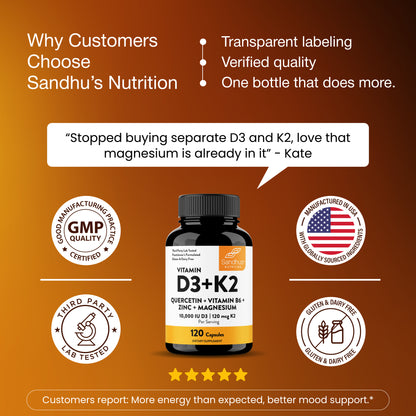 Vitamin D3+K2 Supplement with Quercetin - 10000 IU D3, 120 mcg K2