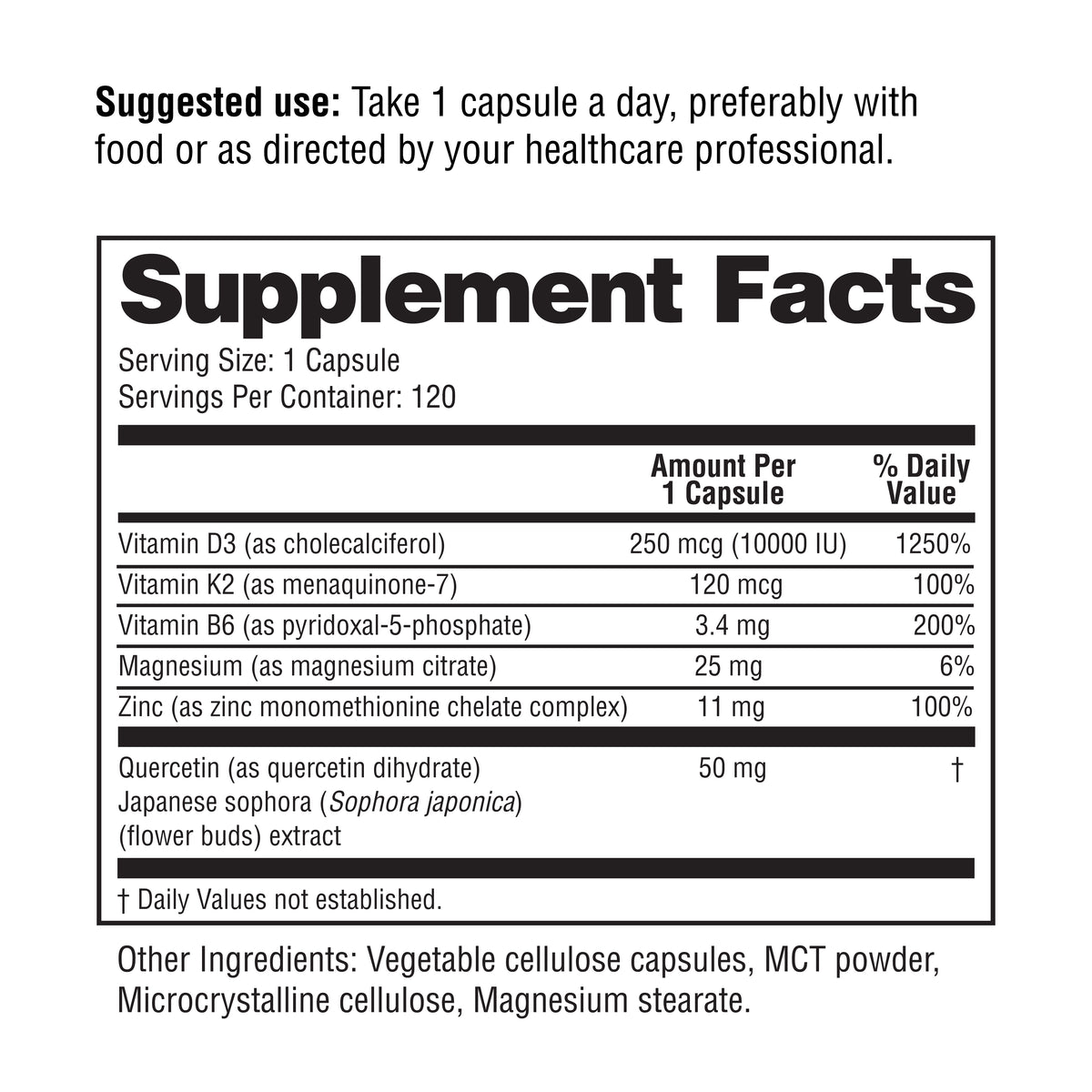 Vitamin D3+K2 Supplement with Quercetin - 10000 IU D3, 120 mcg K2