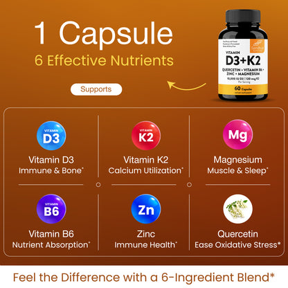 Vitamin D3+K2 Supplement with Quercetin - 10000 IU D3, 120 mcg K2 - 60 Ct