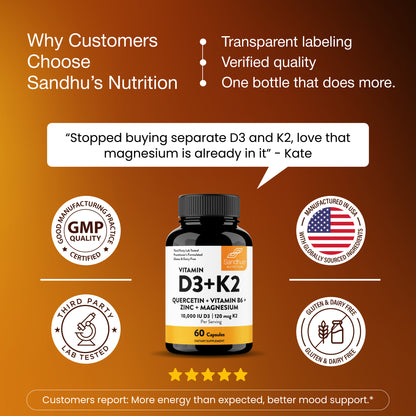 Vitamin D3+K2 Supplement with Quercetin - 10000 IU D3, 120 mcg K2 - 60 Ct