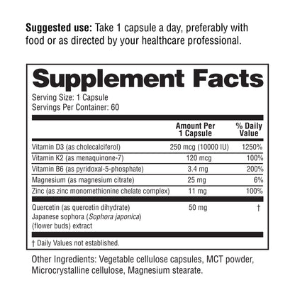 Vitamin D3+K2 Supplement with Quercetin - 10000 IU D3, 120 mcg K2 - 60 Ct
