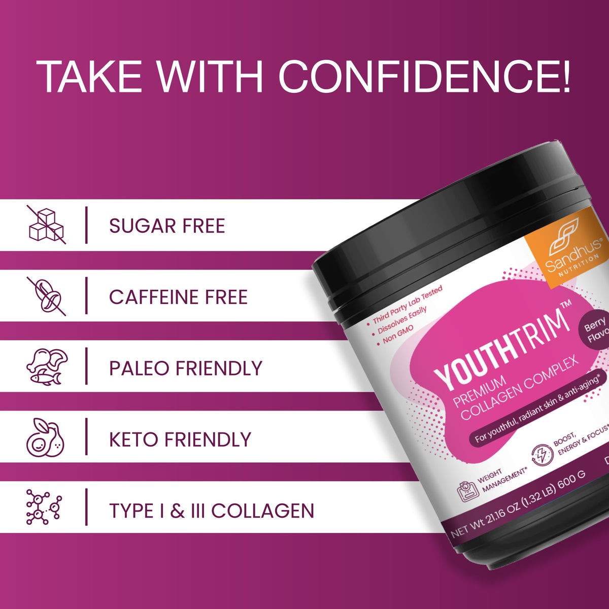 YouthTrim Debloat, Weight Loss Support, Berry Flavor Powder, 30 Servings