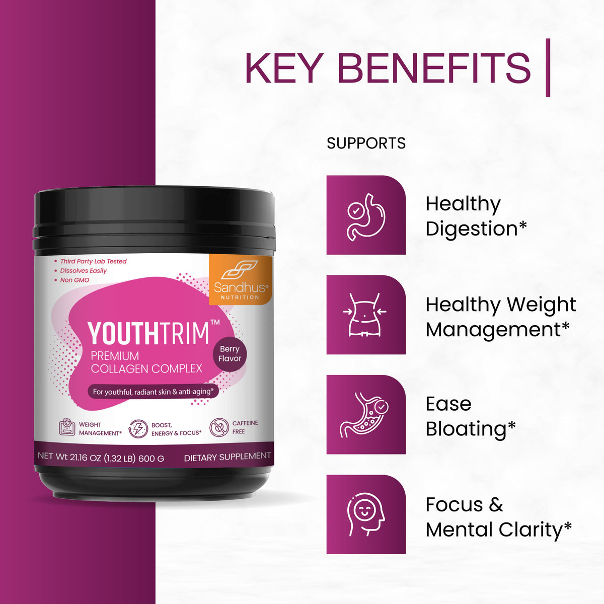 YouthTrim Debloat, Weight Loss Support, Berry Flavor Powder, 30 Servings