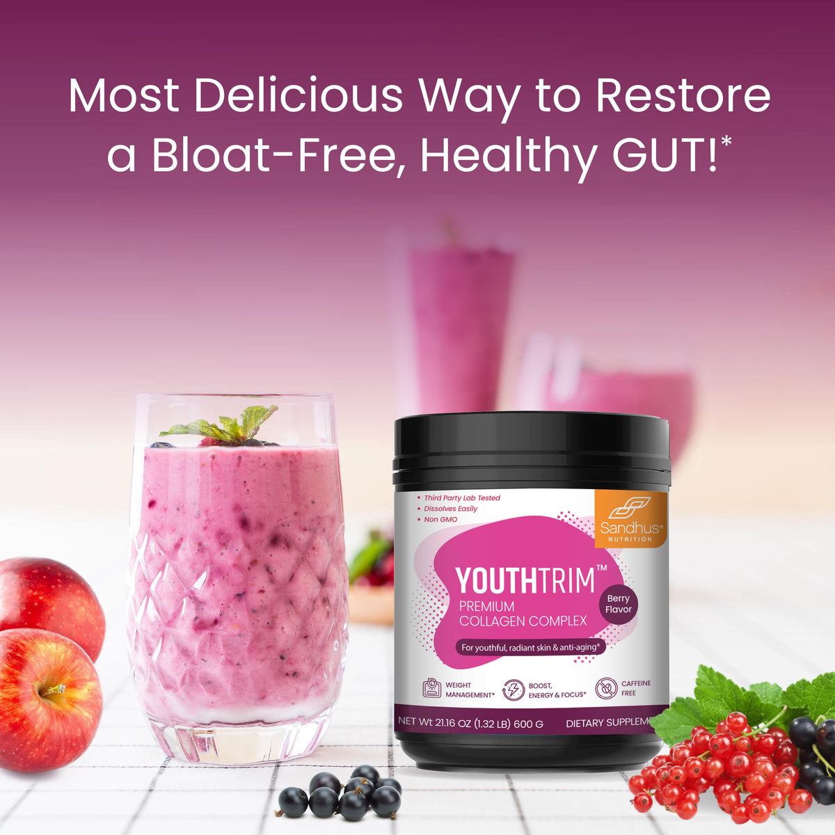 YouthTrim Debloat, Weight Loss Support, Berry Flavor Powder, 30 Servings