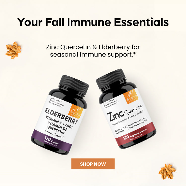Two supplement bottles labeled 'Zinc Quercetin' and 'Elderberry' with text about immune support on a white background.