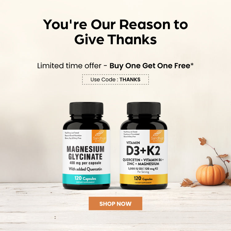 Two supplement bottles with a promotional message on a light background
