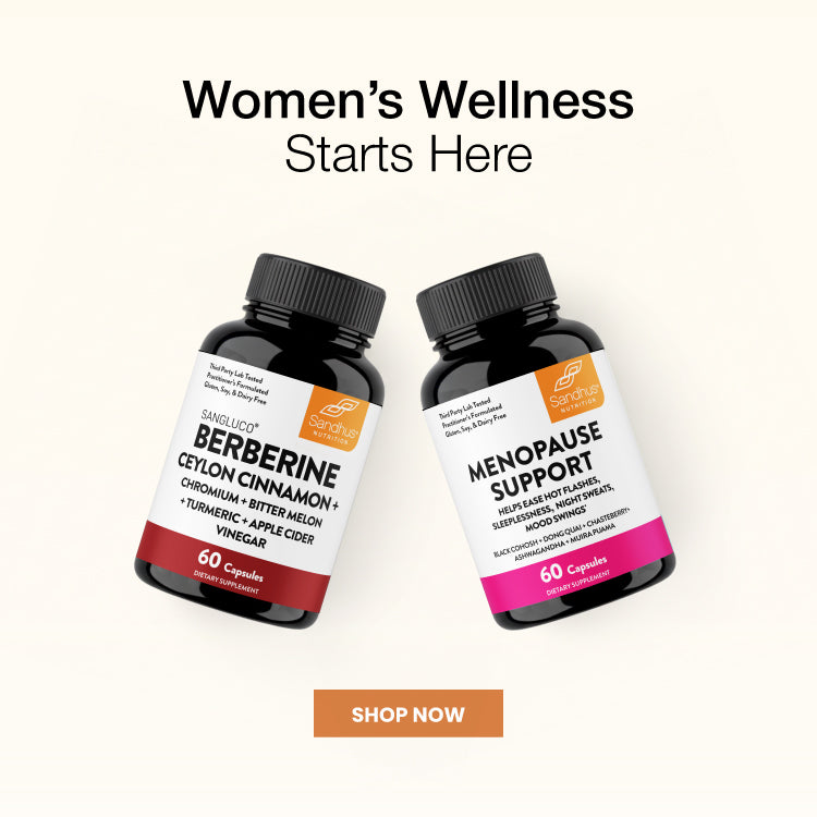 Two bottles of women's health supplements with labels for Berberine Ceylon Cinnamon and Menopause Support on a white background.
