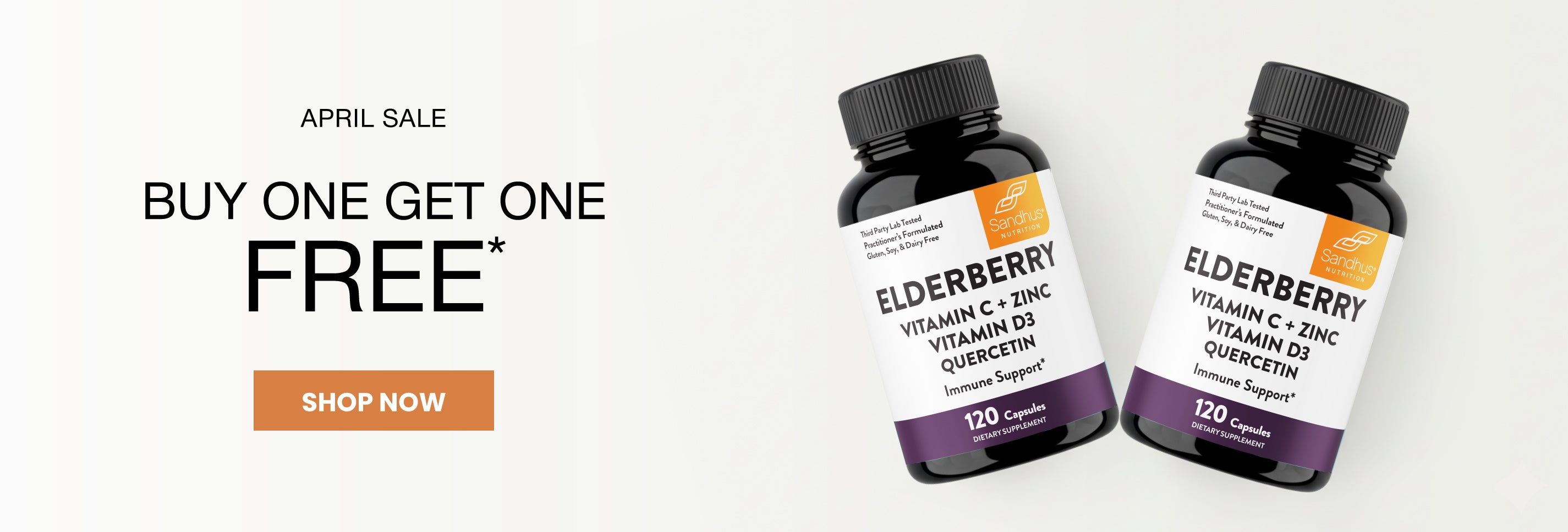 Two bottles of Elderberry Vitamin C & Zinc supplement with a March sale promotion on a white background.