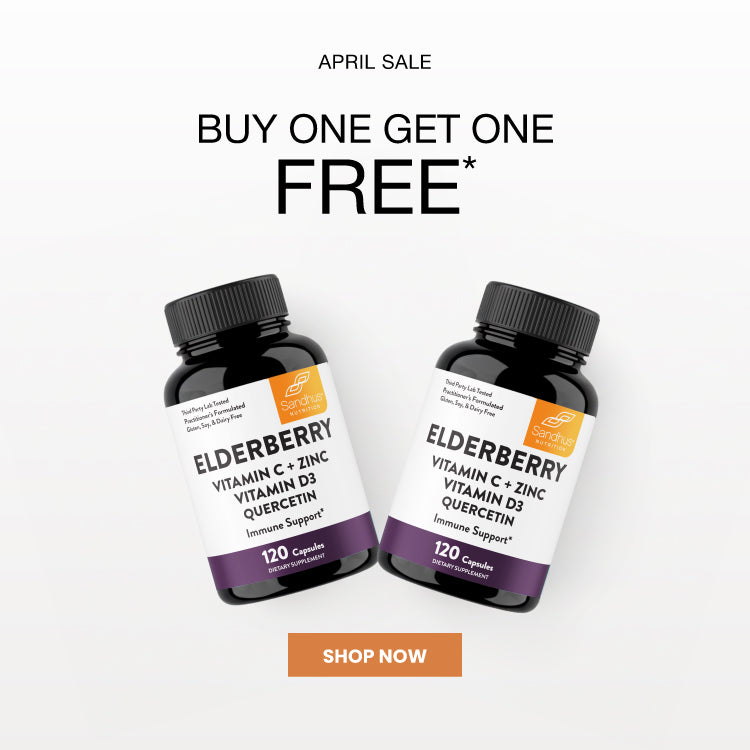 Two bottles of Elderberry supplement with a 'Buy One Get One Free' offer on a white background.