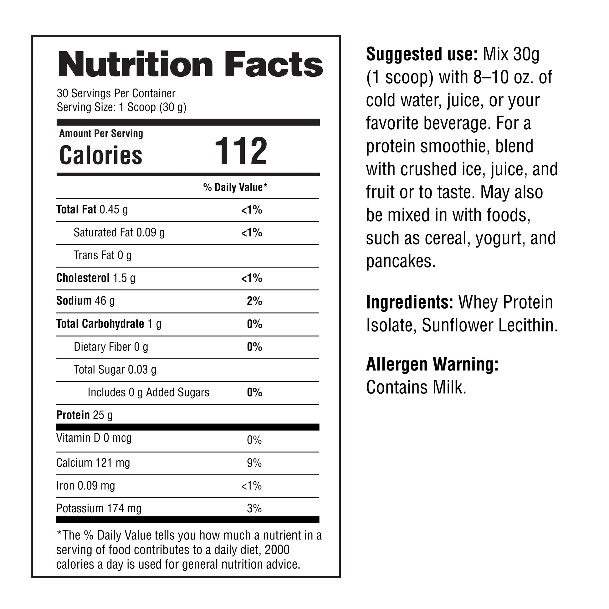 Nutrition facts label for a protein product with serving size, calories, and ingredient list.