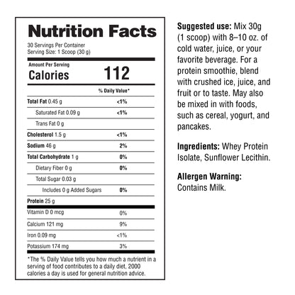 Nutrition facts label for a protein product with serving size, calories, and ingredient list.