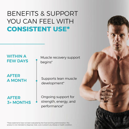 Fit man with muscular build; protein supplement supports recovery, lean muscle growth, and strength with consistent use.