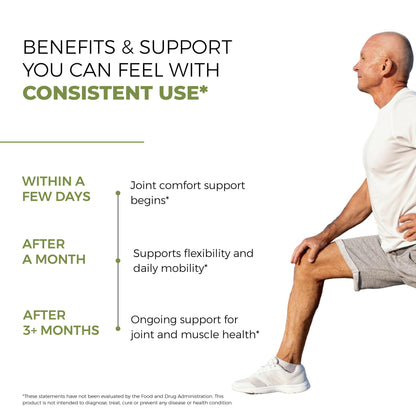 Benefits of joint health supplement with consistent use: comfort in days, flexibility in a month, and ongoing joint and muscle support after 3 months.