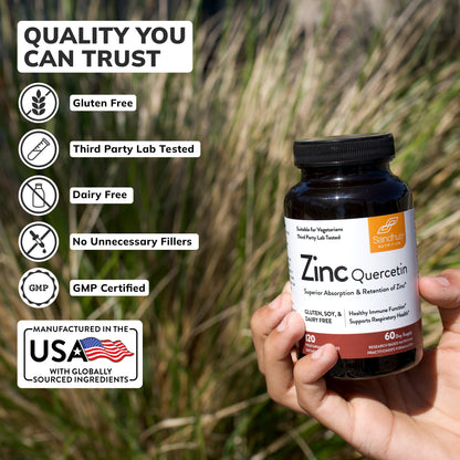 Hand holding a bottle of Zinc Quercetin supplement with quality certification text and icons on a natural background.