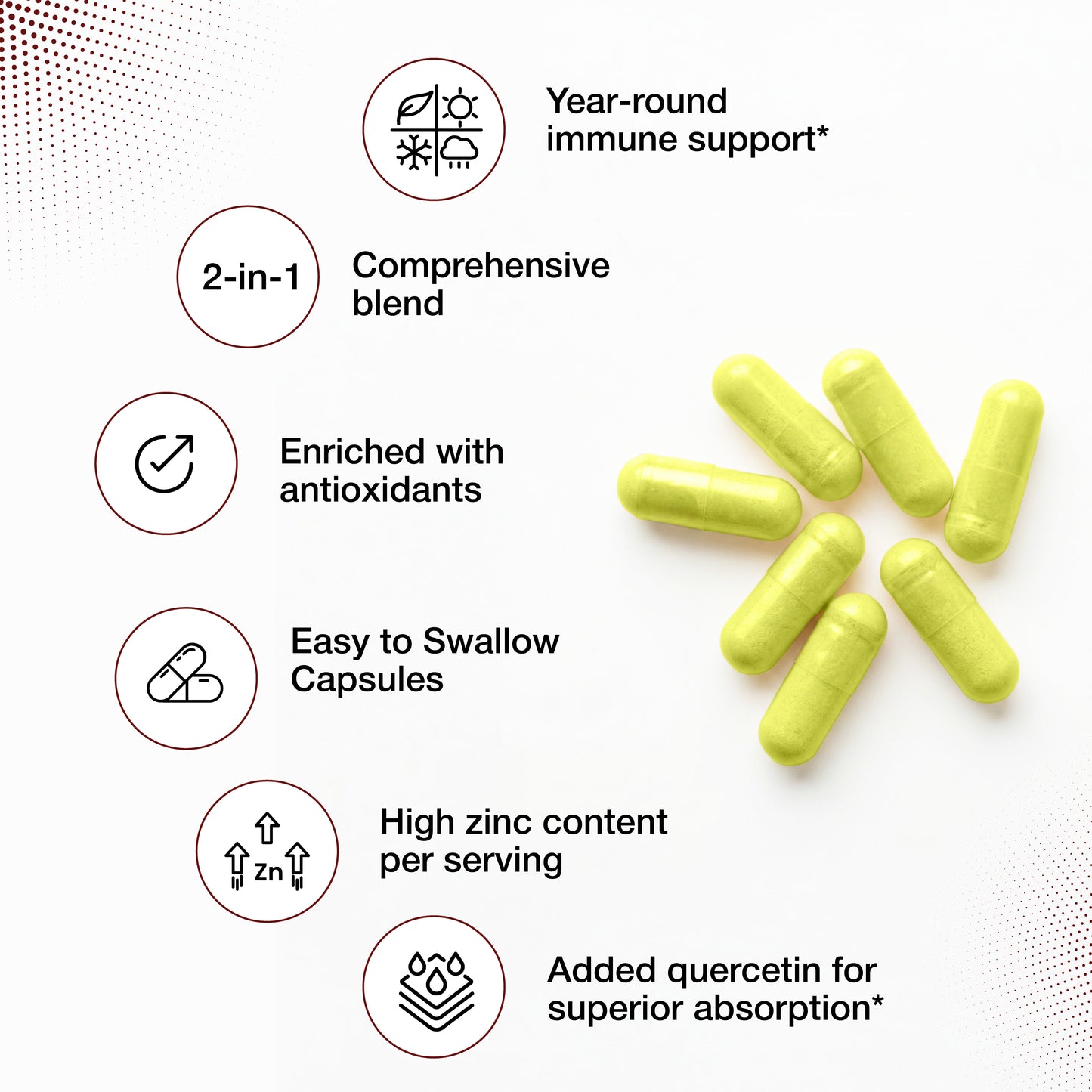 Yellow capsules with health benefits listed on a white background