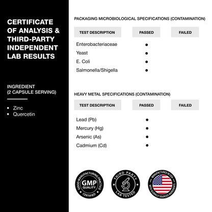Lab results and certification for a product with ingredients and testing details.