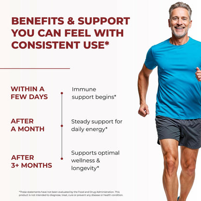 Active middle-aged man jogging with supplement benefits timeline for immune support, daily energy, and overall wellness.