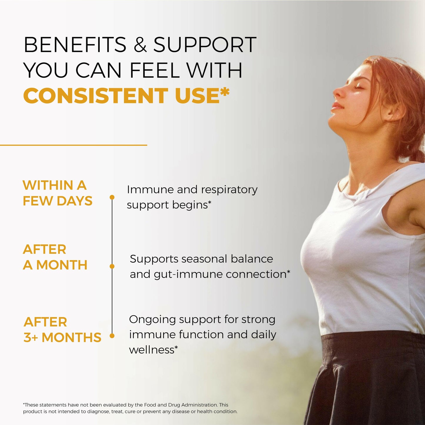 Smiling woman outdoors with text about consistent Berberine use supporting immune health, seasonal balance, and daily wellness.