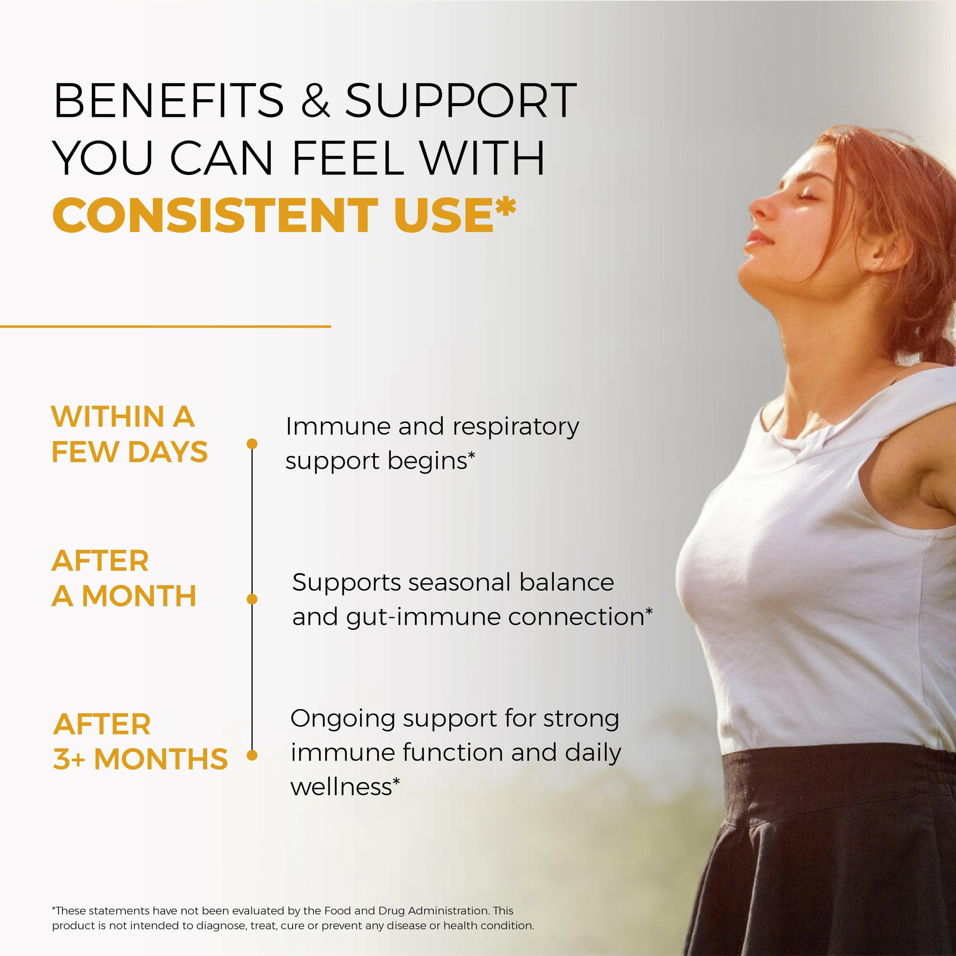 Smiling woman outdoors with text about consistent Berberine use supporting immune health, seasonal balance, and daily wellness.