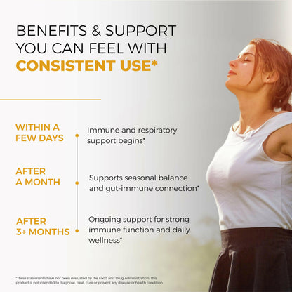 Smiling woman outdoors with text about consistent Berberine use supporting immune health, seasonal balance, and daily wellness.